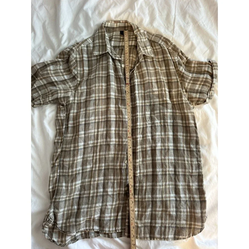 Men’s 100% Linen Shirt Plaid Brown Beige Button Up Casual Summer Lightweight M - Picture 6 of 8